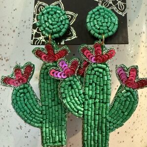 Green Beaded Cactus Earrings